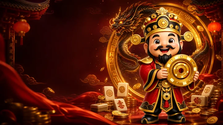 Dewa Uang Chibi IndoCair dengan naga emas dan ubin mahjong
