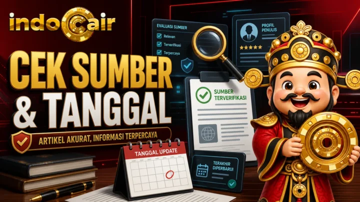Poster IndoCair Indonesia tentang pemeriksaan sumber dan tanggal artikel dengan logo serta maskot Dewa Uang Chibi.