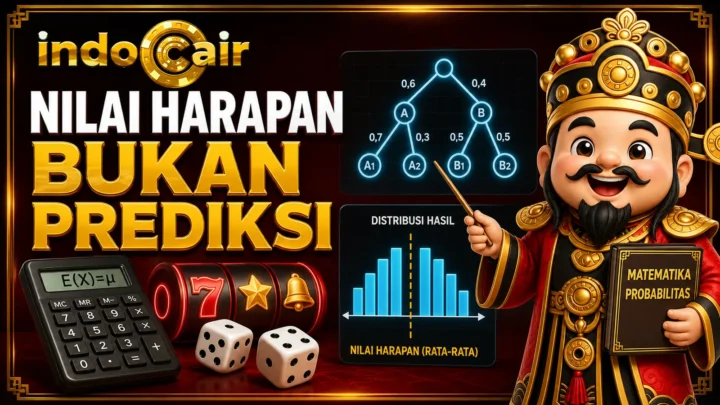 Poster edukatif IndoCair Slot tentang nilai harapan dan rata-rata dengan kalkulator, grafik, logo, dan maskot.