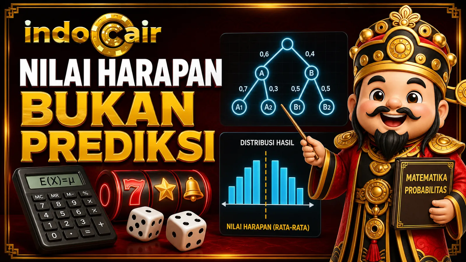 Poster edukatif IndoCair Slot tentang nilai harapan dan rata-rata dengan kalkulator, grafik, logo, dan maskot.