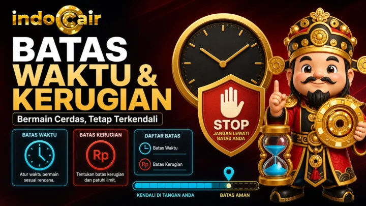 Poster IndoCair Slot tentang batas waktu dan kerugian dengan jam, perisai, logo IndoCair, dan maskot Dewa Uang Chibi.