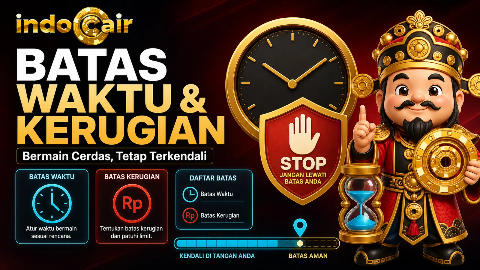 Poster IndoCair Slot tentang batas waktu dan kerugian dengan jam, perisai, logo IndoCair, dan maskot Dewa Uang Chibi.
